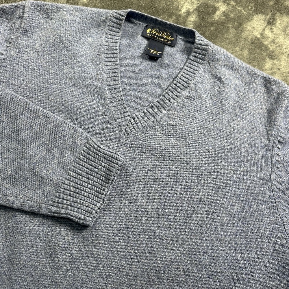 Brooks Brothers Scottish‎ LambsWool Sweater Men's LARGE V-Neck Pullover Blue - Picture 2 of 7